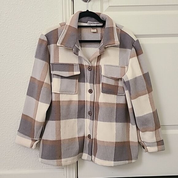 Cotton Emporium Jackets & Blazers - Cotton Emporium Plaid gray Cream Shacket Shirt Wool small Cabincore Granola Girl